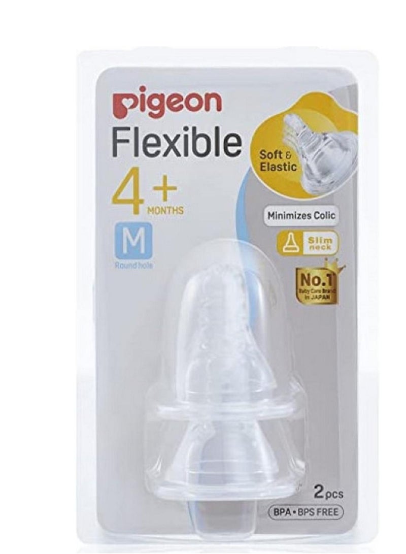 Pigeon Pack Of 2 Peristaltic Slim Neck Nipple, Round Hole, 4M +